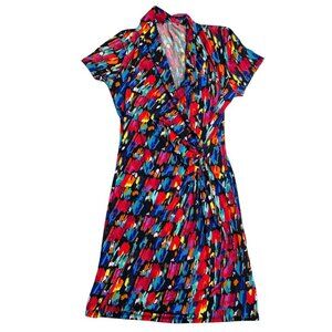 Karen Kane Multi-Color Pattern Stretch Faux Wrap Dress V Neck, Large 12